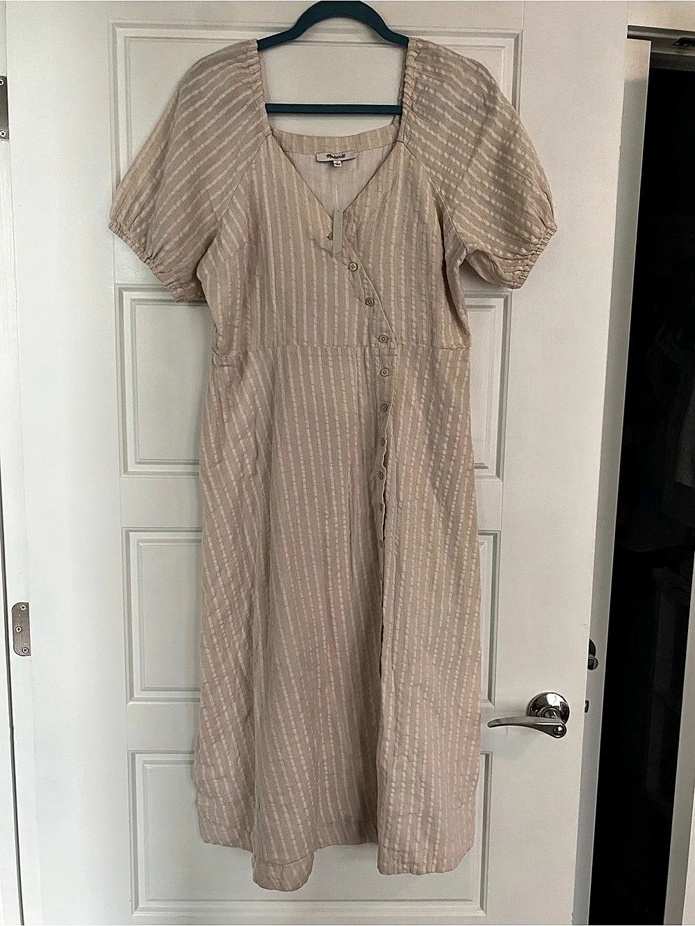 Madewell Puff-Sleeve Button-Wrap Midi Dress in Undyed Stripe Undyed Stripe Beige